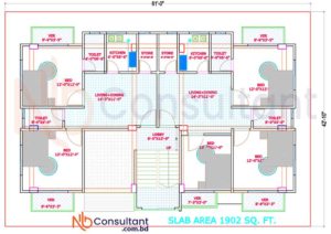 Floor Plan In Bangladesh 63 নিচ তলা ৬১x৪৩ ফুট তিন রুম দুই ইউনিট