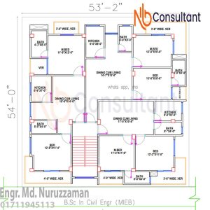 Floor Plan In Bangladesh 53 ৫৩ ফিট বাই ৫৪ ফিট জমিতে ৩ ইউনিট ৫ তলা বাড়ির ছবি