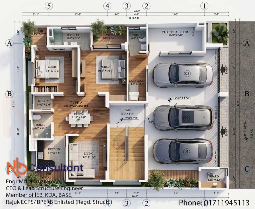 Modern 6-storey residential building design 3 Parking-and-single-unit-floor-plan-for-Modern 6-storey residential building design