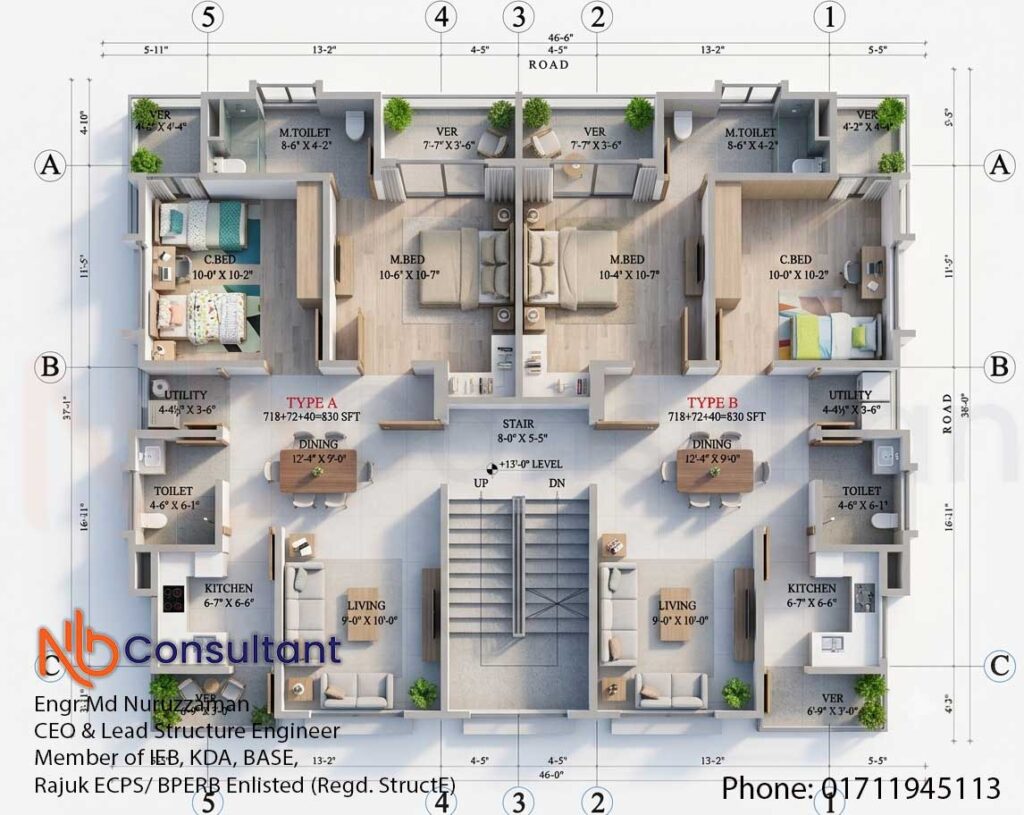 Modern 6-storey residential building design 4 two-unit-floor-plan-for-Modern 6-storey residential building design