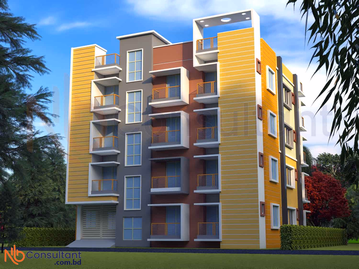 4 তলা বাড়ির ডিজাইনের সামনের দৃশ্য