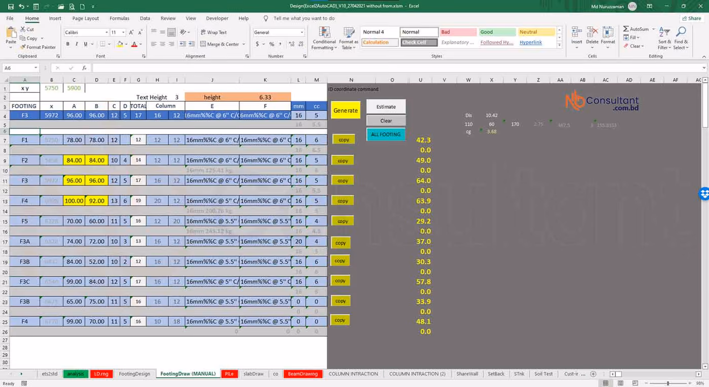 Footing drawing excel to autocad