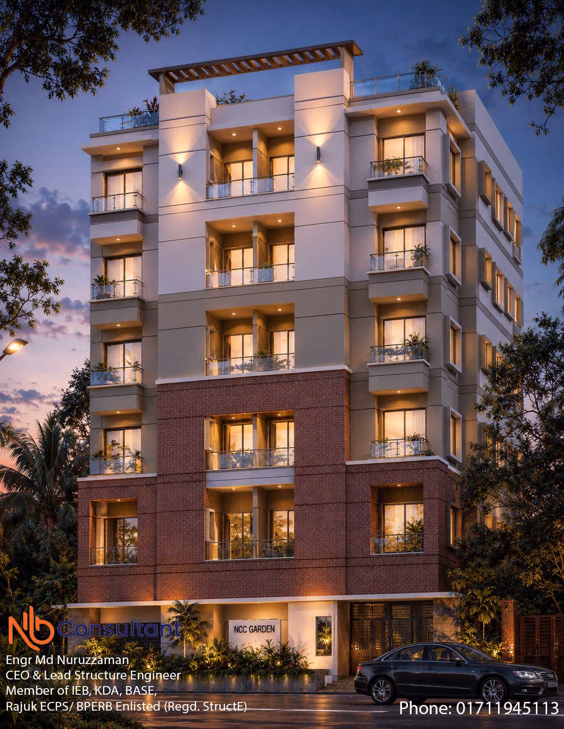 Design-Example-of-a-Six-Storey-Building-evening-view