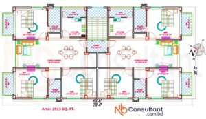 দ্বিতীয় তলা ৩৮ x ৭৮ ফিট  তিন রুমের নকশা