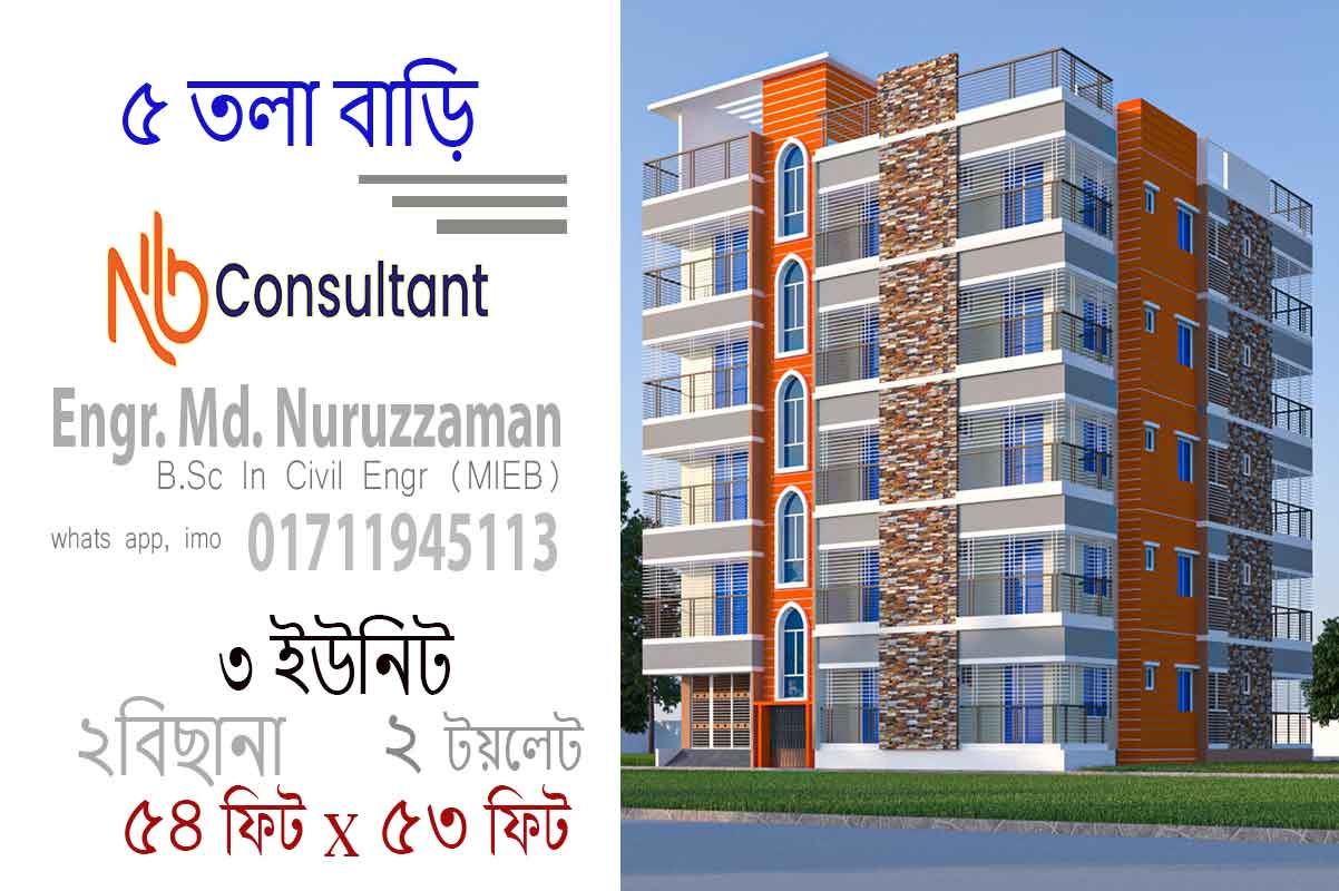 ৫৩ x ৫৪ ফুট জমিতে ৩ ইউনিট ৫ তলা ভবনের নকশা